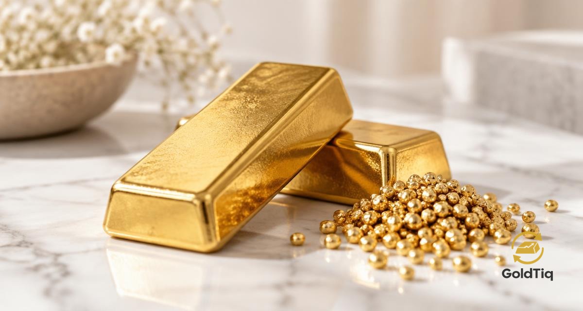 سبائك ذهب وسلاسل ذهبية على حجر داكن بإضاءة دافئة